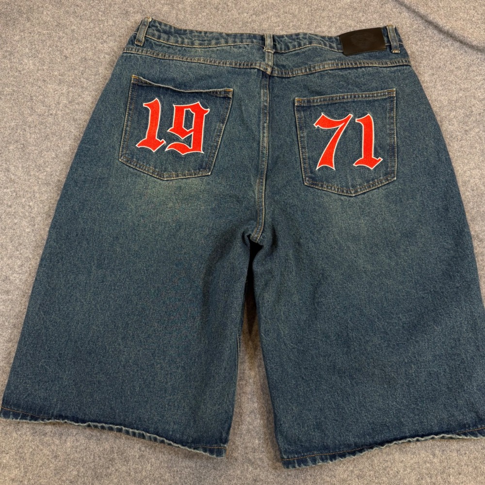 Ed Hardy x Urban Outfitters Baggy Denim Shorts Jorts 1971 Embroidered Blue L
